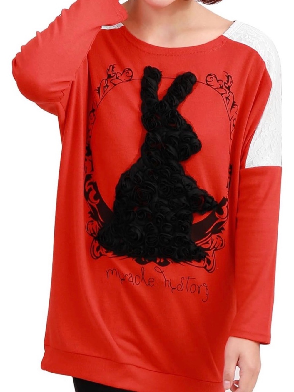 Allegra K Red Orange Bunny Graphic Lace Shoulder Top Women's Large Casual Chic